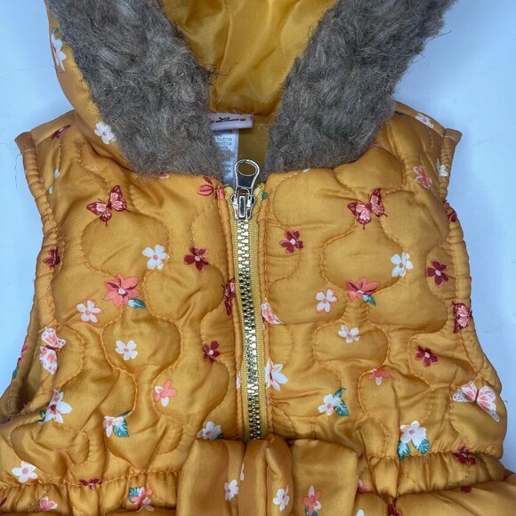 Little Lass Mustard Yellow Floral Quilted Puffer Vest with Faux Fur Hood - 18M - Picture 3 of 9